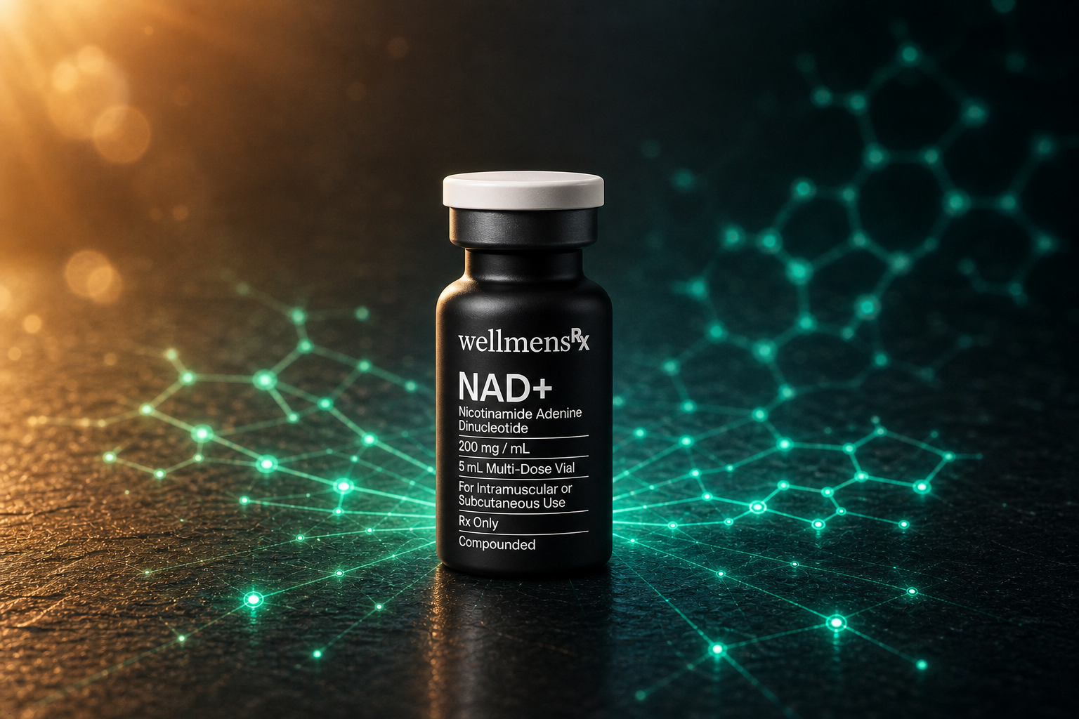 WellMensRX NAD+ vial radiating cellular energy