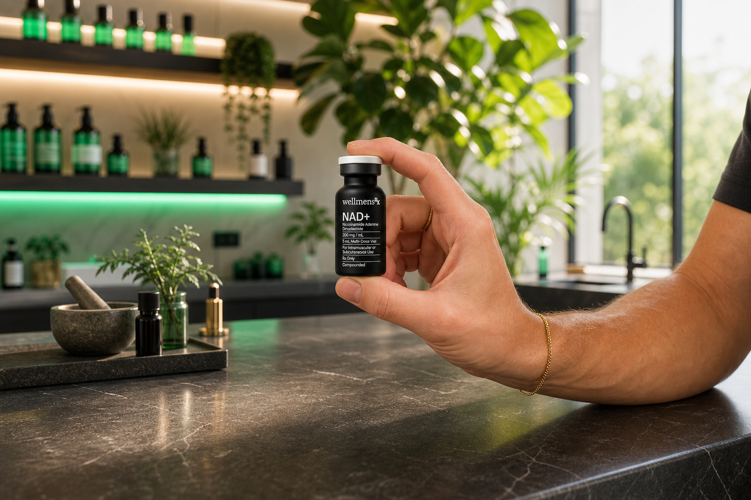 Bare hand holding WellMensRX NAD+ vial in modern wellness clinic